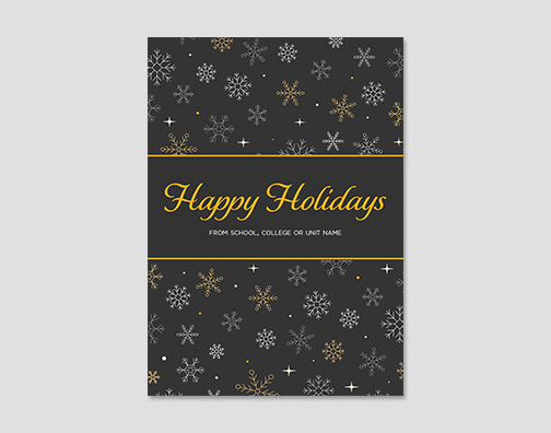 Holiday card with gray background and snowflakes.