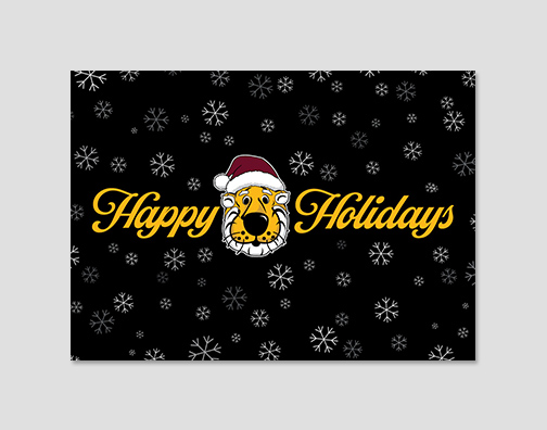 Holiday card with black background, snowflakes and Truman head in santa hat.