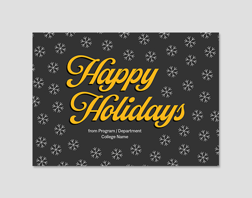 Holiday card with gray background and snowflakes.