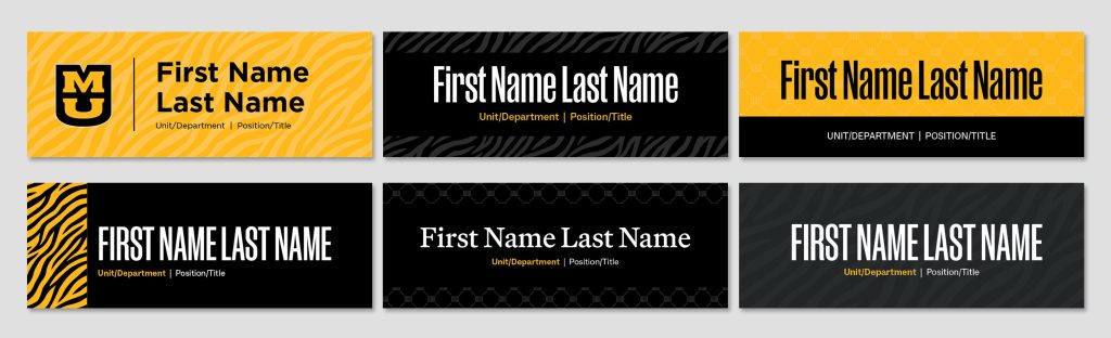 Sample of Mizzou-branded name plates with black and gold backgrounds, names and titles.