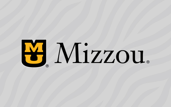 Stacked MU with Mizzou wordmark over a light gray tiger stripe background.