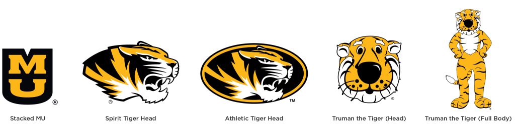 Five marks with trademark designations: Stacked MU ®, Spirit Tiger Head®, Athletic Tiger Head™, Truman the Tiger head and body®.