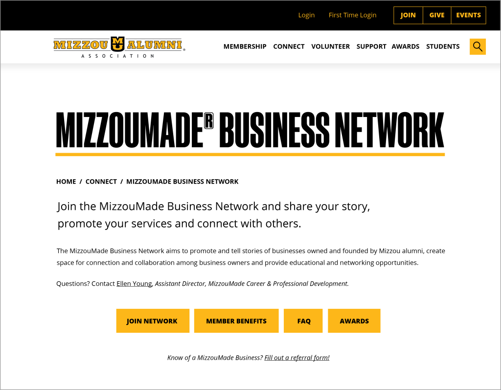 Mizzou Alumni webpage with header "Mizzoumade® Business Network".