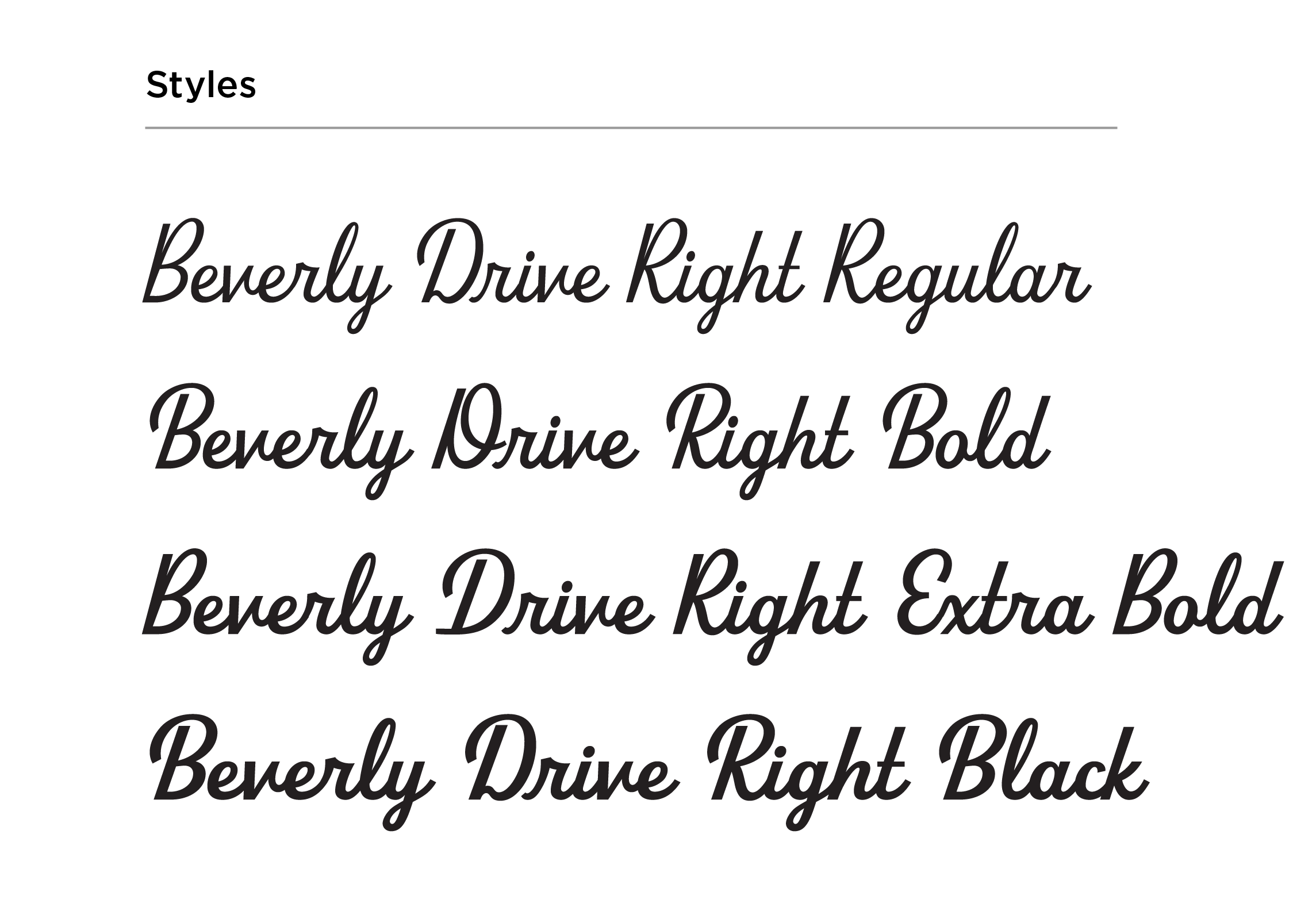 Four weight styles of Beverly Drive Right: Regular, Bold, Extra Bold and Black. 