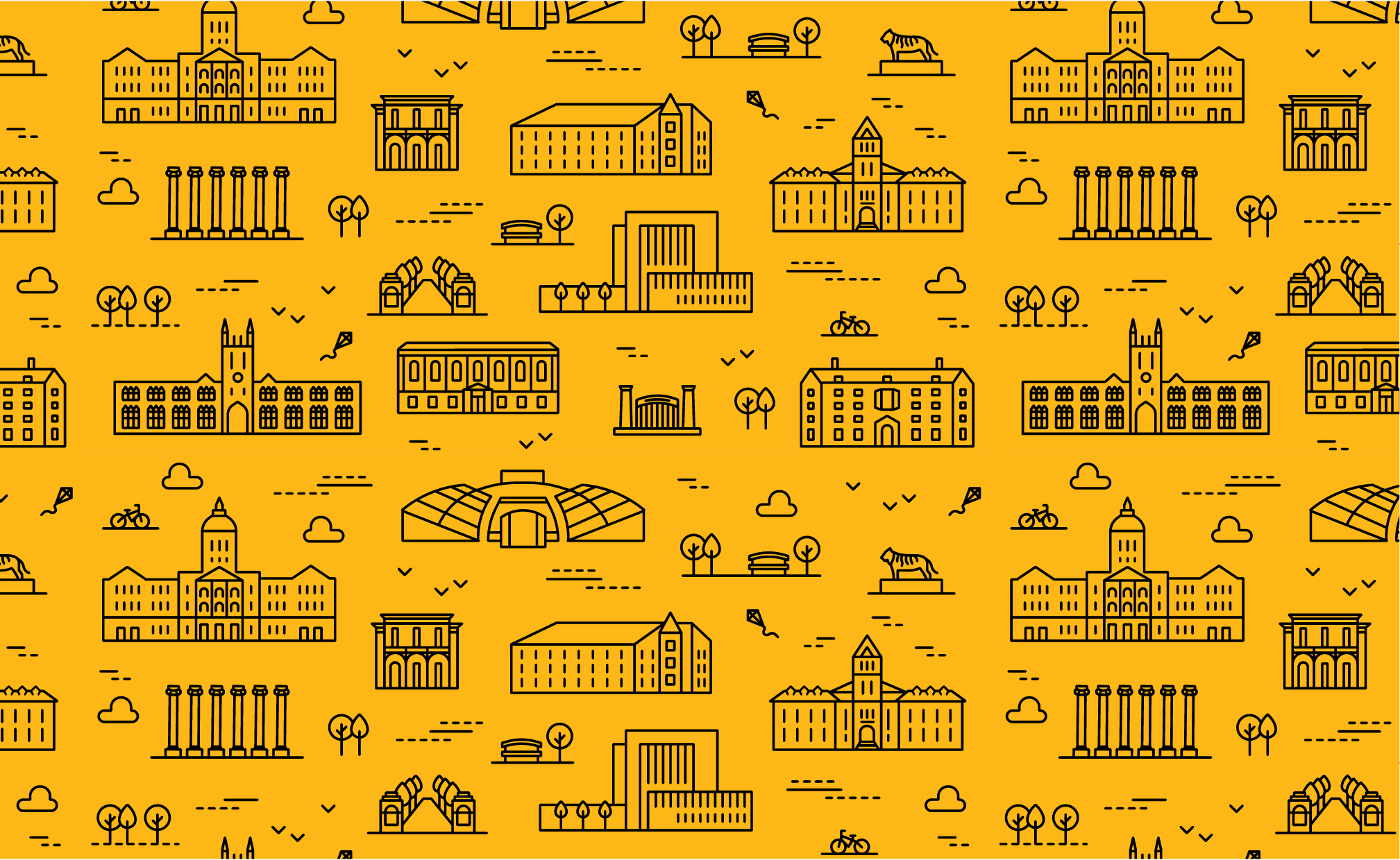 Campus illustrations in black on gold background. 