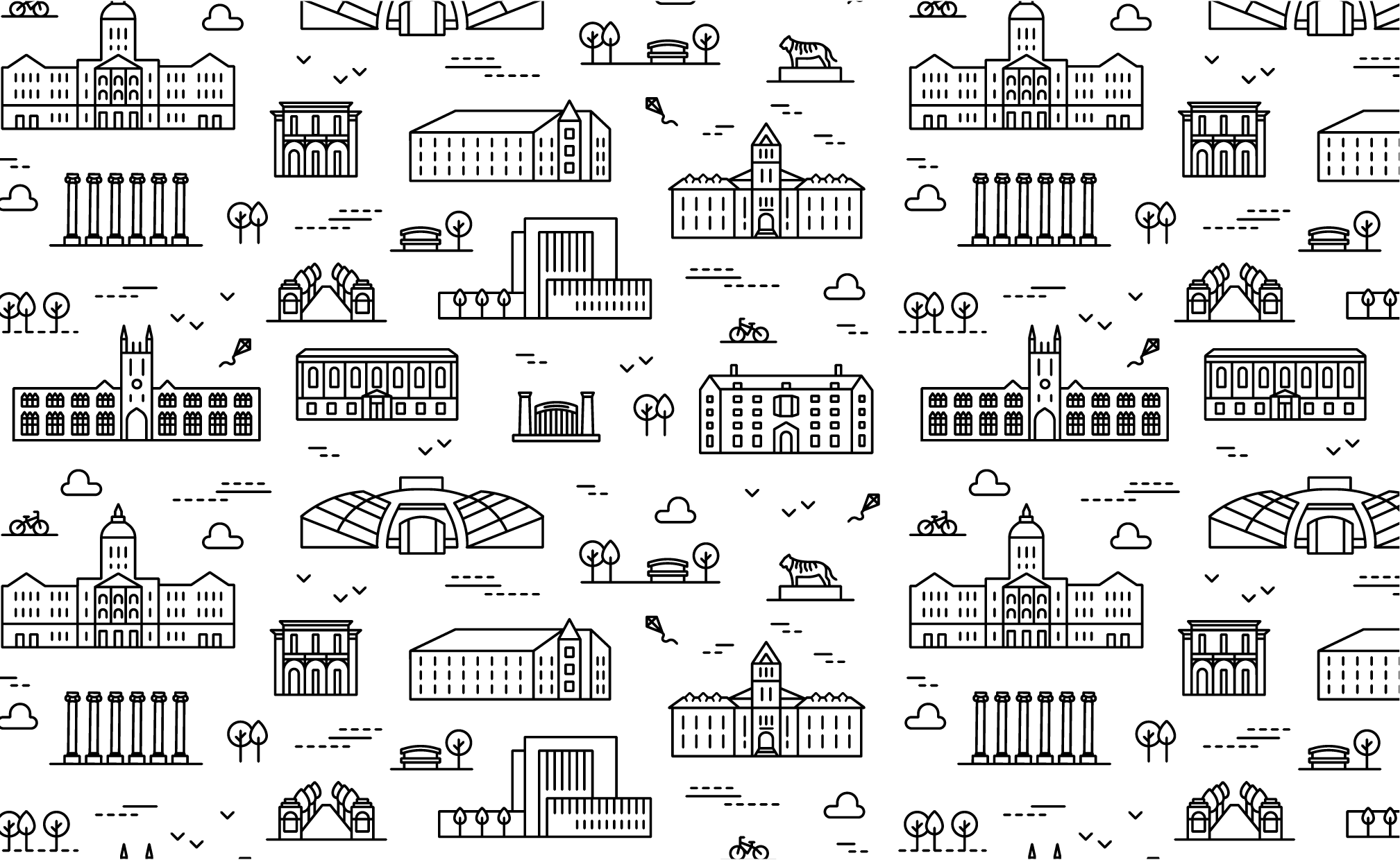 Campus illustrations in black on white background. 