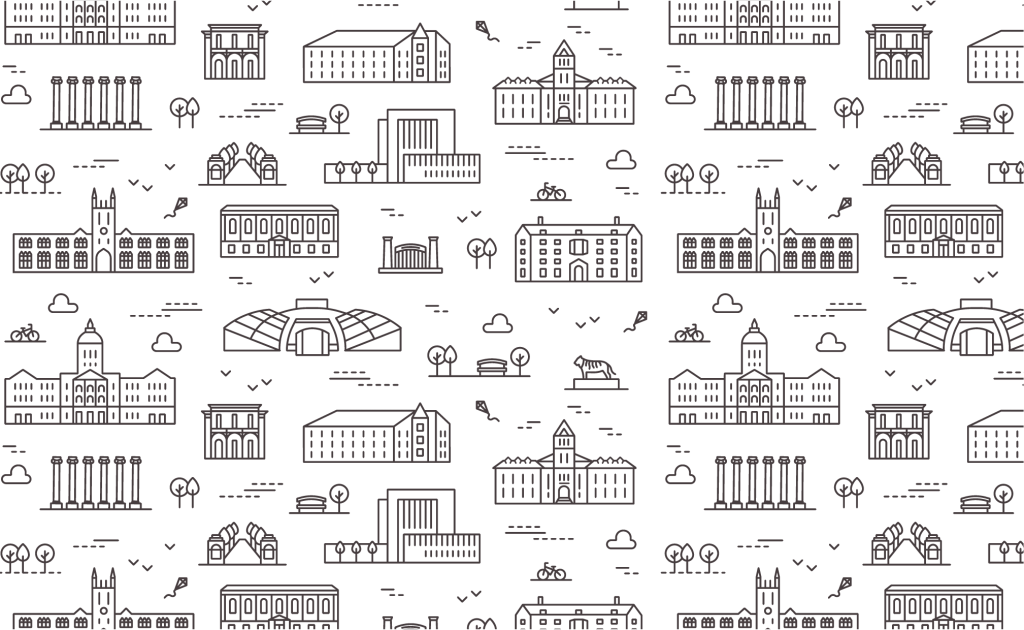 Campus illustrations in brown on white background. 