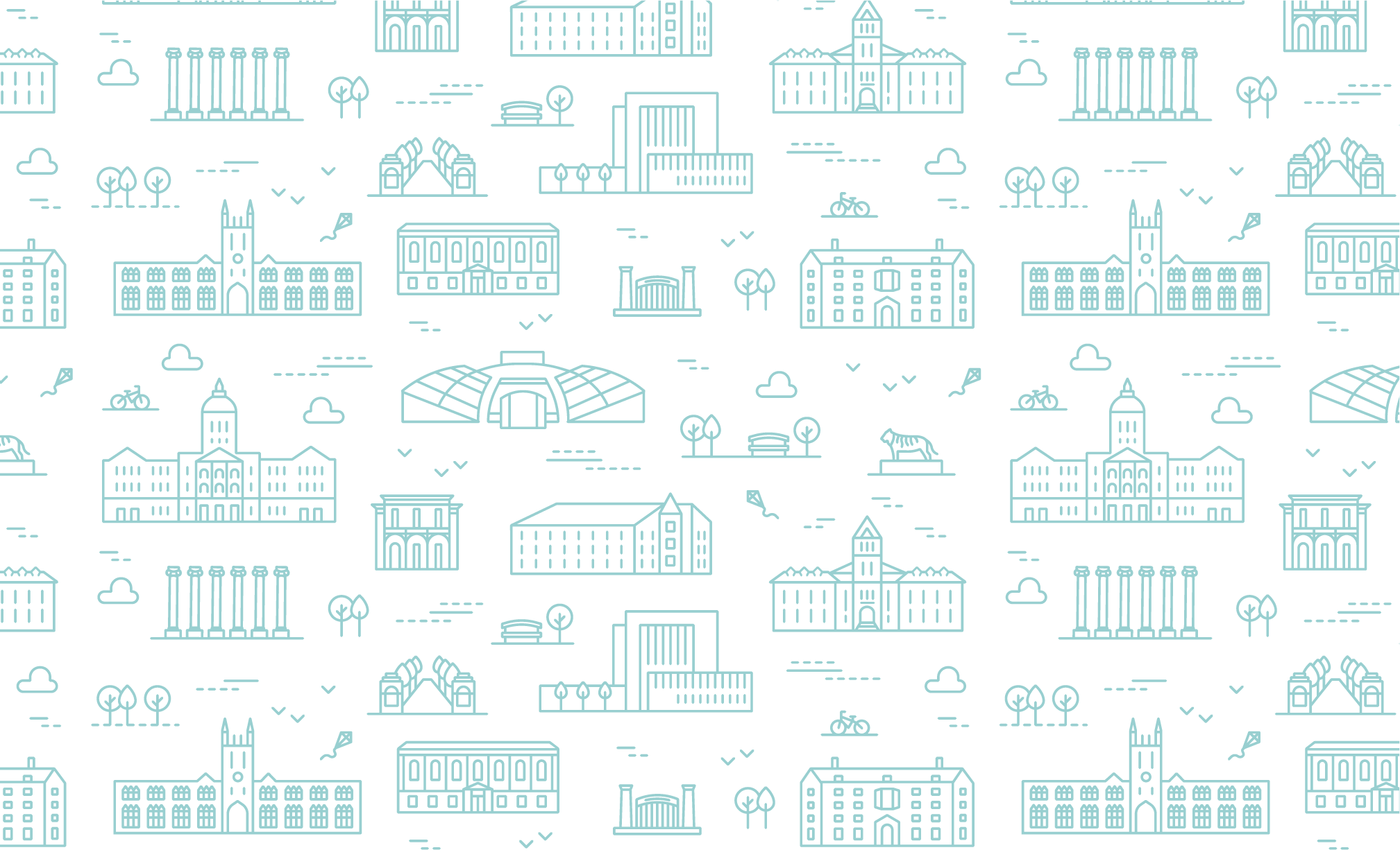 Campus illustrations in blue-green on white background. 