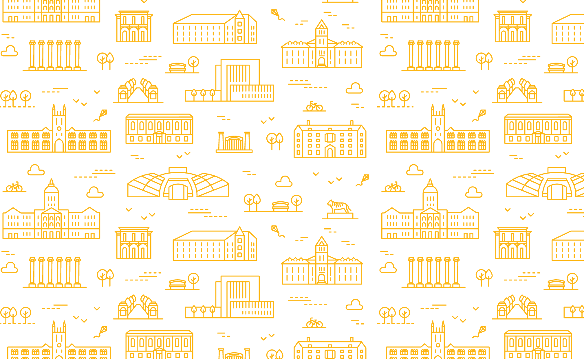 Campus illustrations in gold on white background. 
