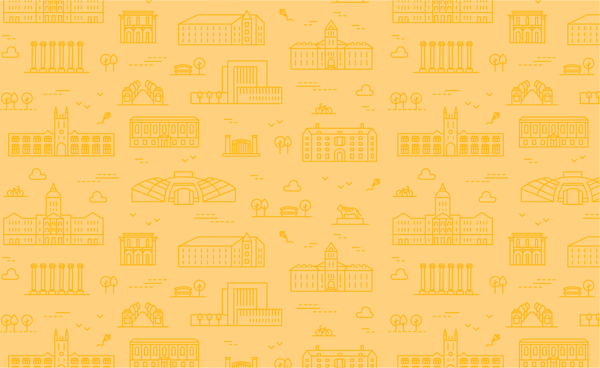 Campus illustrations in gold on light gold background. 