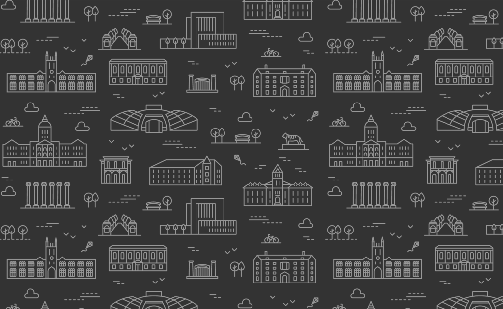 Campus illustrations in light gray on dark gray background. 