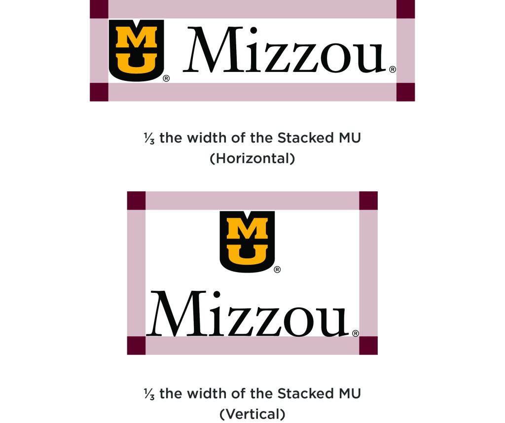 Stacked MU mark with "Mizzou" and red boxes in each corner to indicate the clear space area.