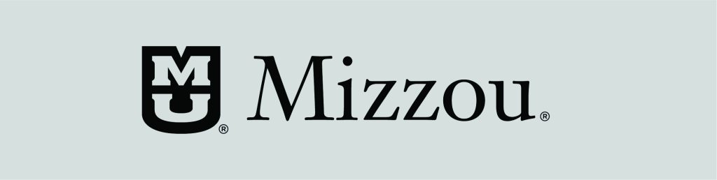Single color Stacked MU mark with "Mizzou" to the right on gray background.