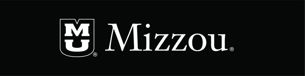 Single color Stacked MU mark with "Mizzou" to the right on black background.