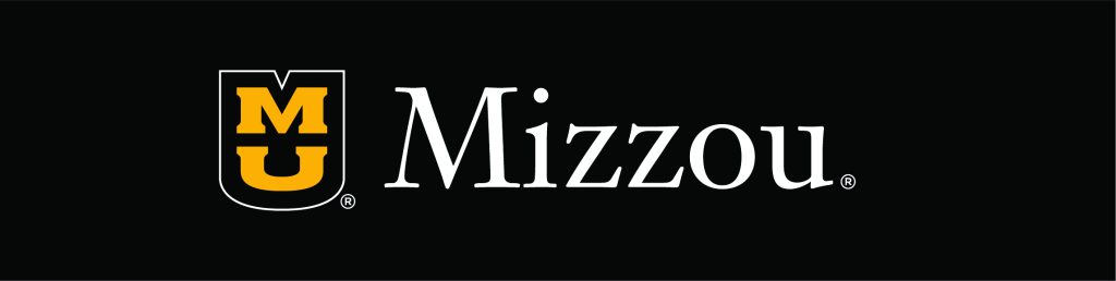 Full color Stacked MU mark with "Mizzou" to the right on black background.