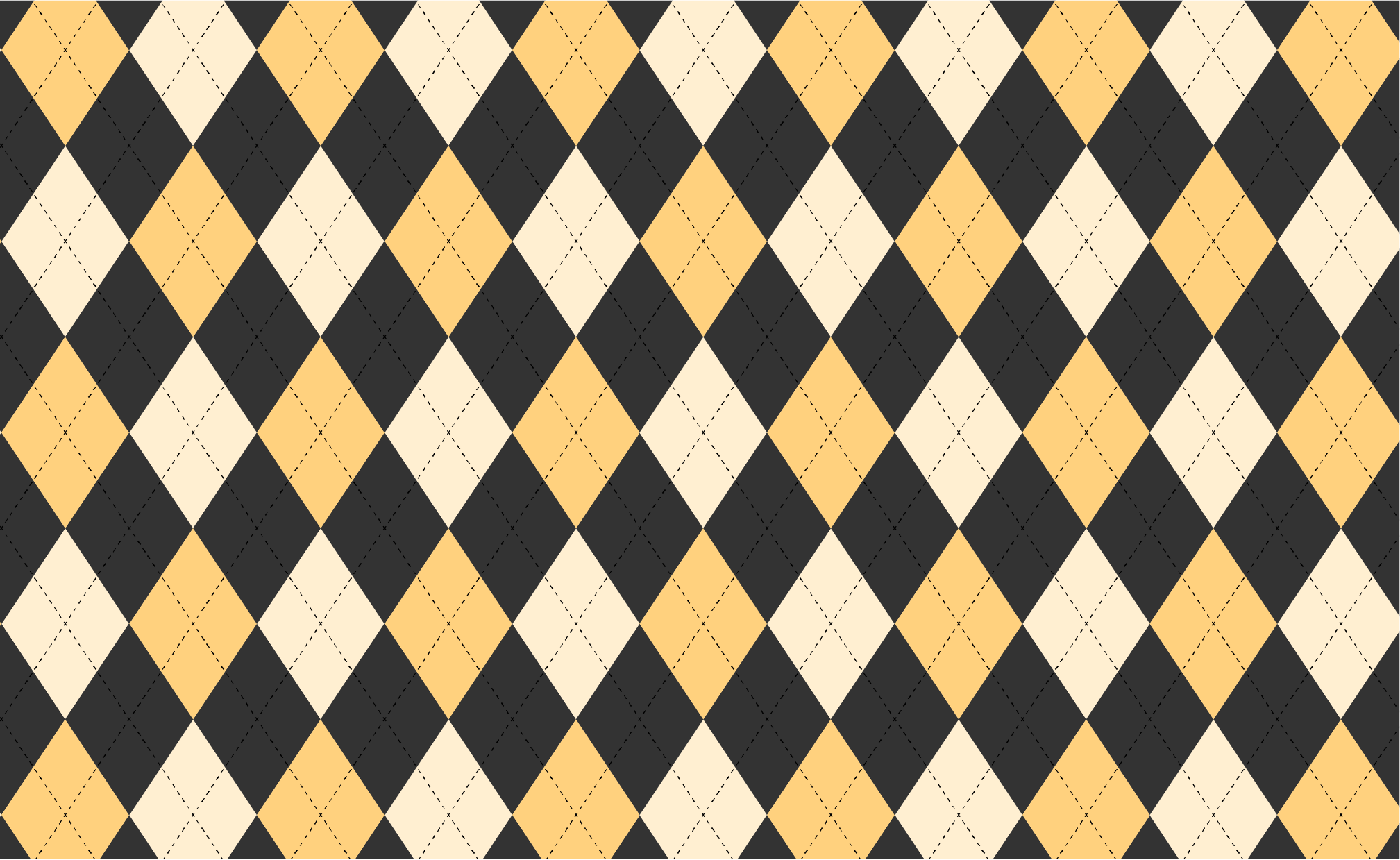 Argyle pattern with two gold diamonds and alternating dark gray diamonds. Dashed lines in black. 