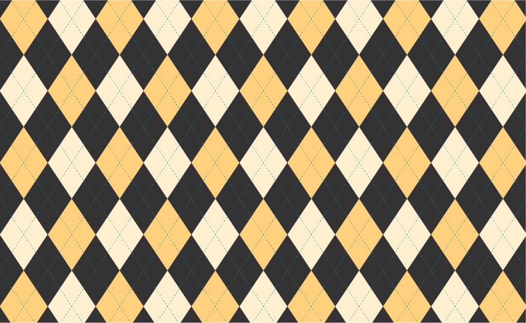 Argyle pattern with two gold diamonds and alternating dark gray diamonds. Dashed lines in blue-green. 