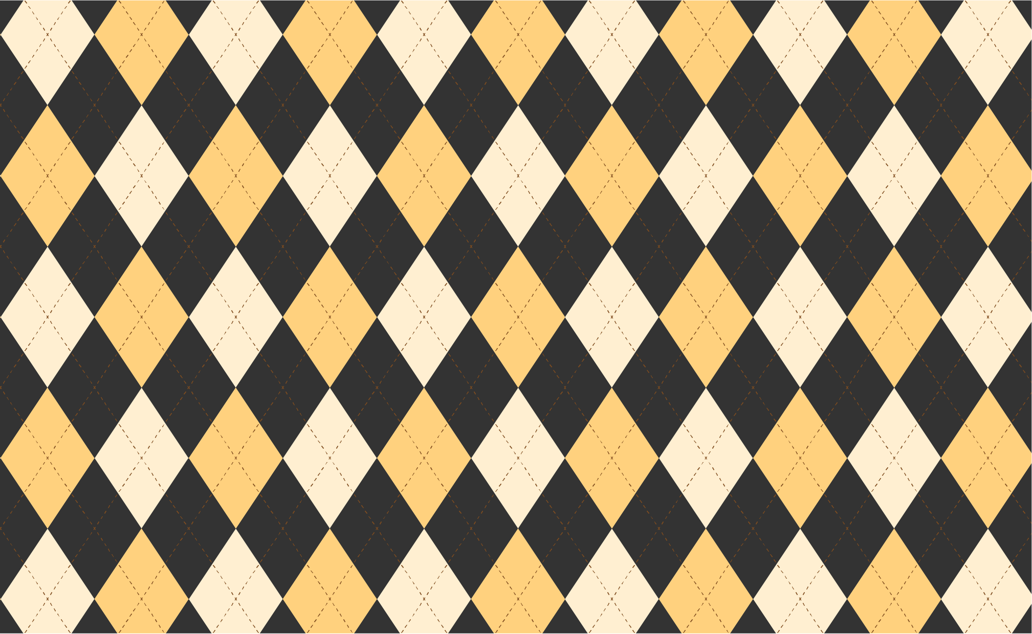 Argyle pattern with two gold diamonds and alternating dark gray diamonds. Dashed lines in brown. 
