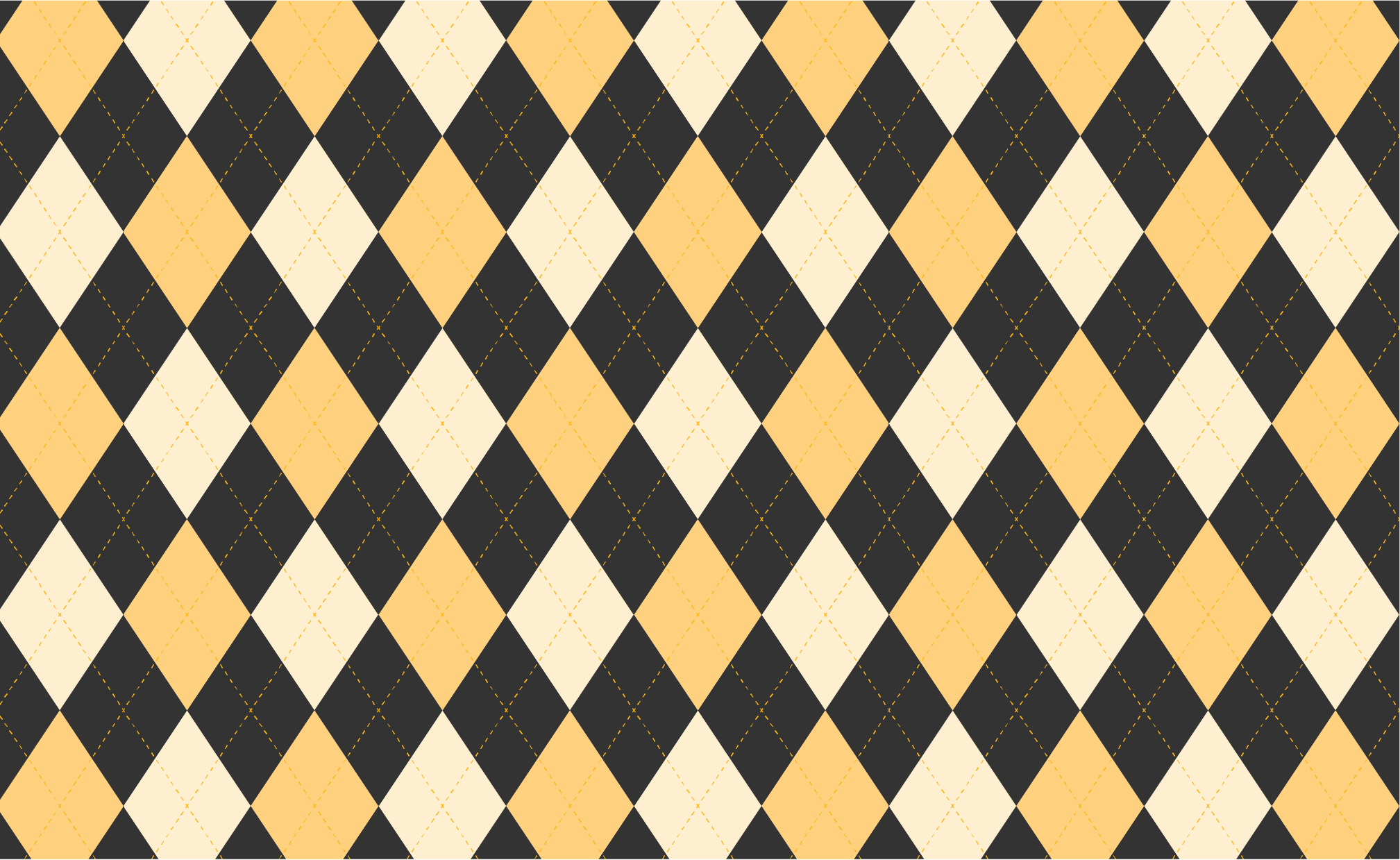Argyle pattern with two gold diamonds and alternating dark gray diamonds. Dashed lines in gold. 