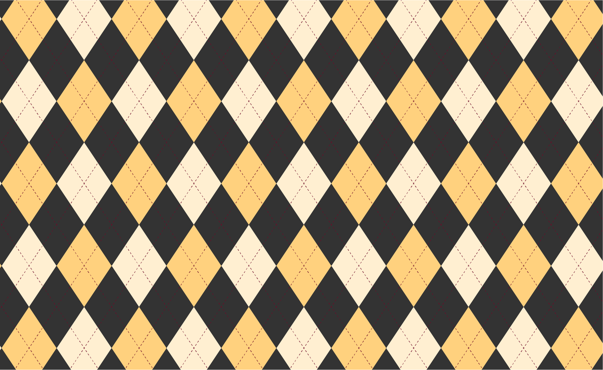 Argyle pattern with two gold diamonds and alternating dark gray diamonds. Dashed lines in mulberry. 