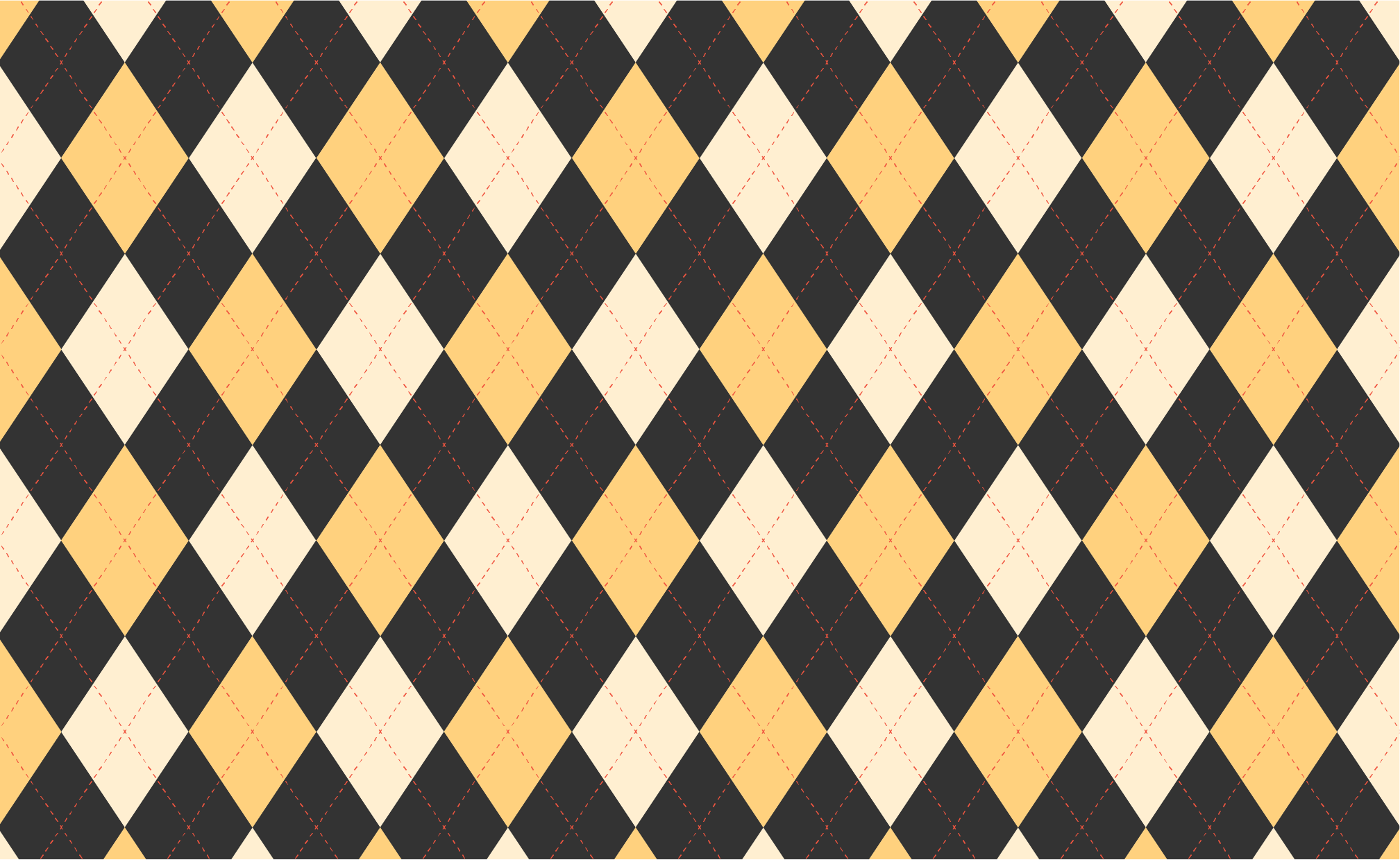 Argyle pattern with two gold diamonds and alternating dark gray diamonds. Dashed lines in sunrise. 