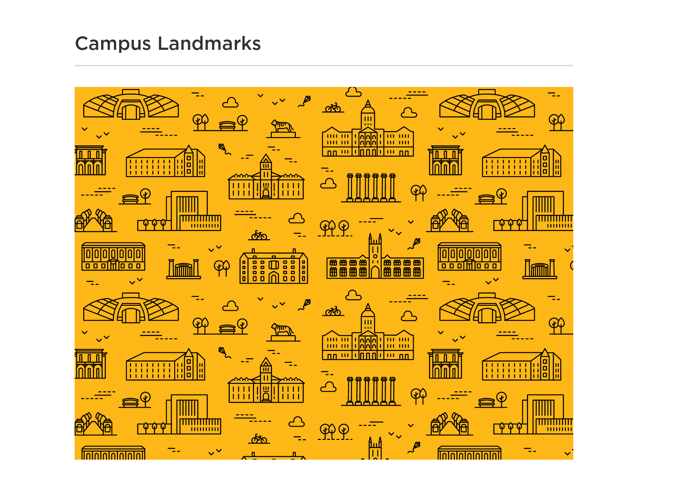 Campus illustrations pattern in black on gold background. 