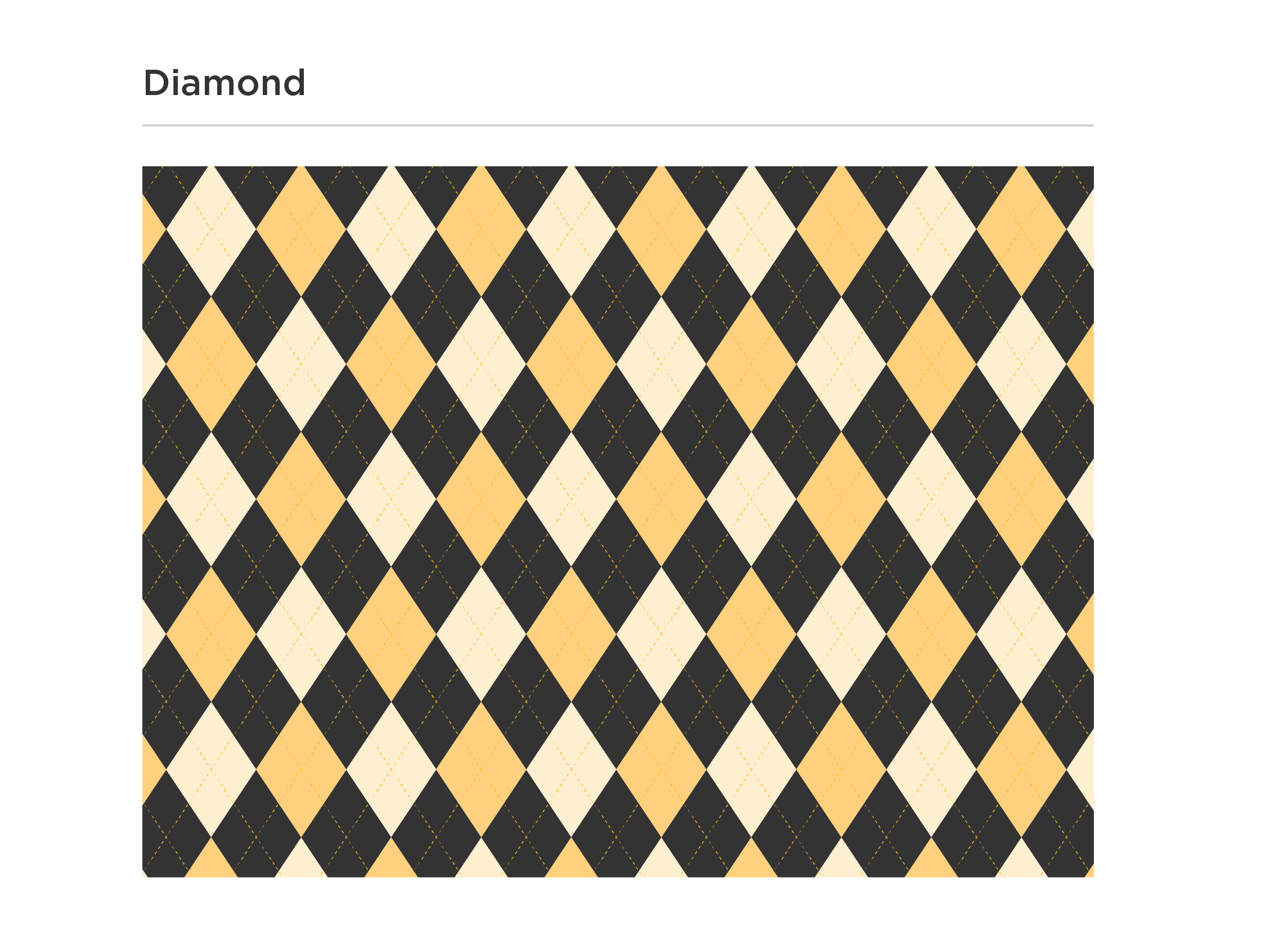 Argyle pattern with two gold diamonds and alternating dark gray diamonds. Dashed lines in gold. 