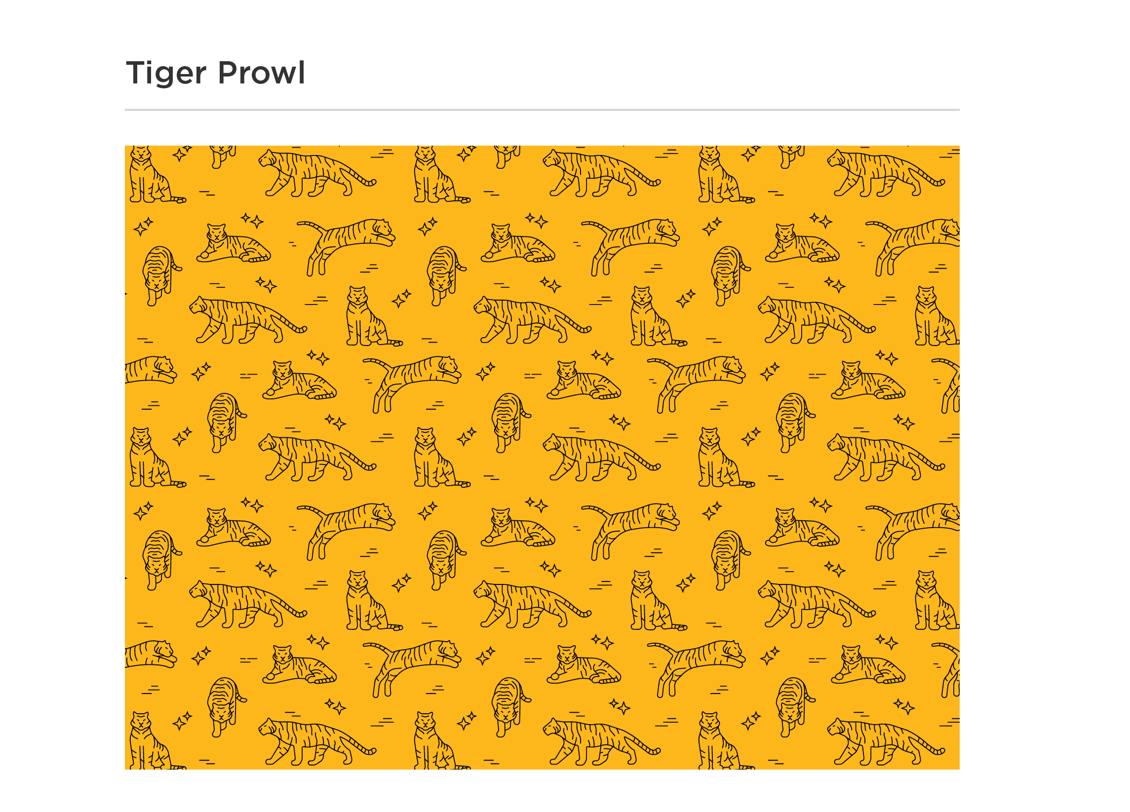 Repeating pattern of 5 tiger illustrations, black on gold. 