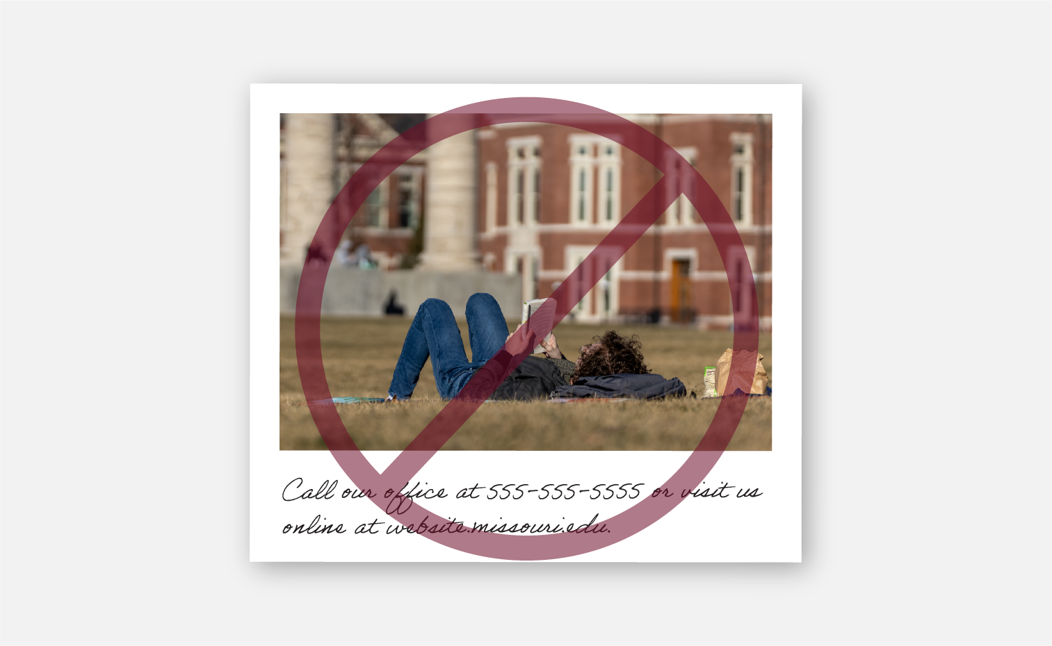 Polaroid with contact information and red x over top.