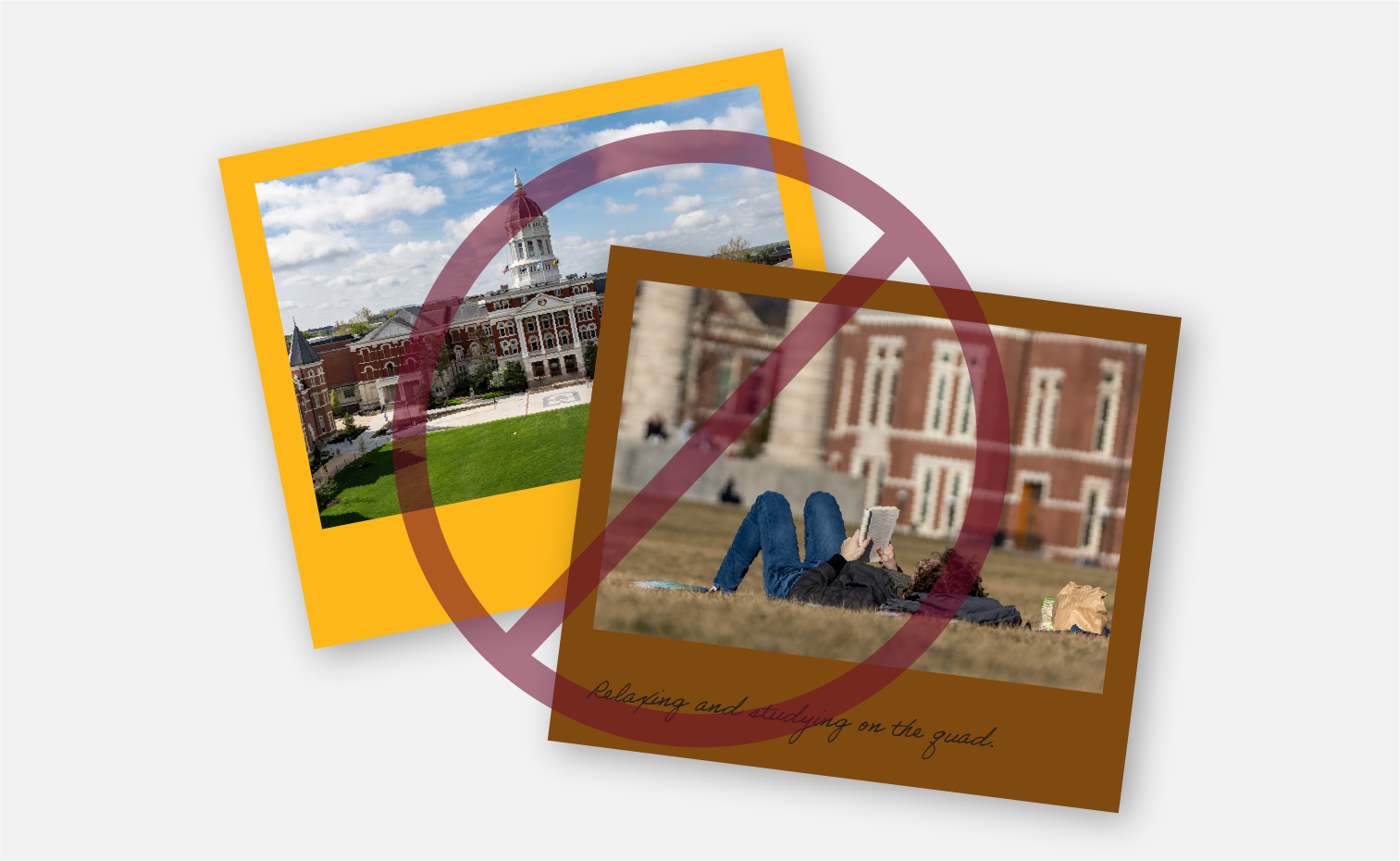 Two polaroids, one gold, one burr oak with a handwritten note and a red x on top.