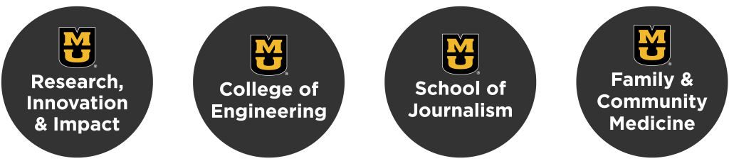 Four dark gray circles with social avatars inside that have the Stacked MU and then the unit name below in white. 