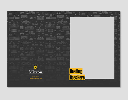 Pocket folder with large photo on front and campus landmarks pattern.