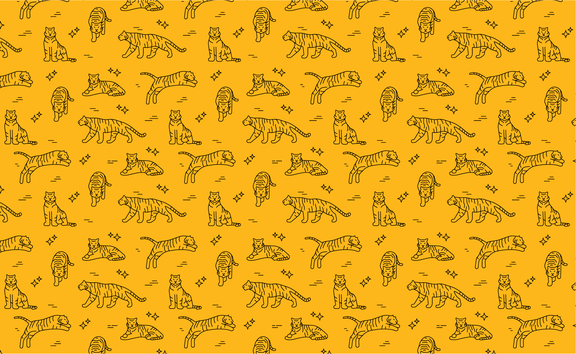 Repeating pattern of 5 tiger illustrations, black on gold. 