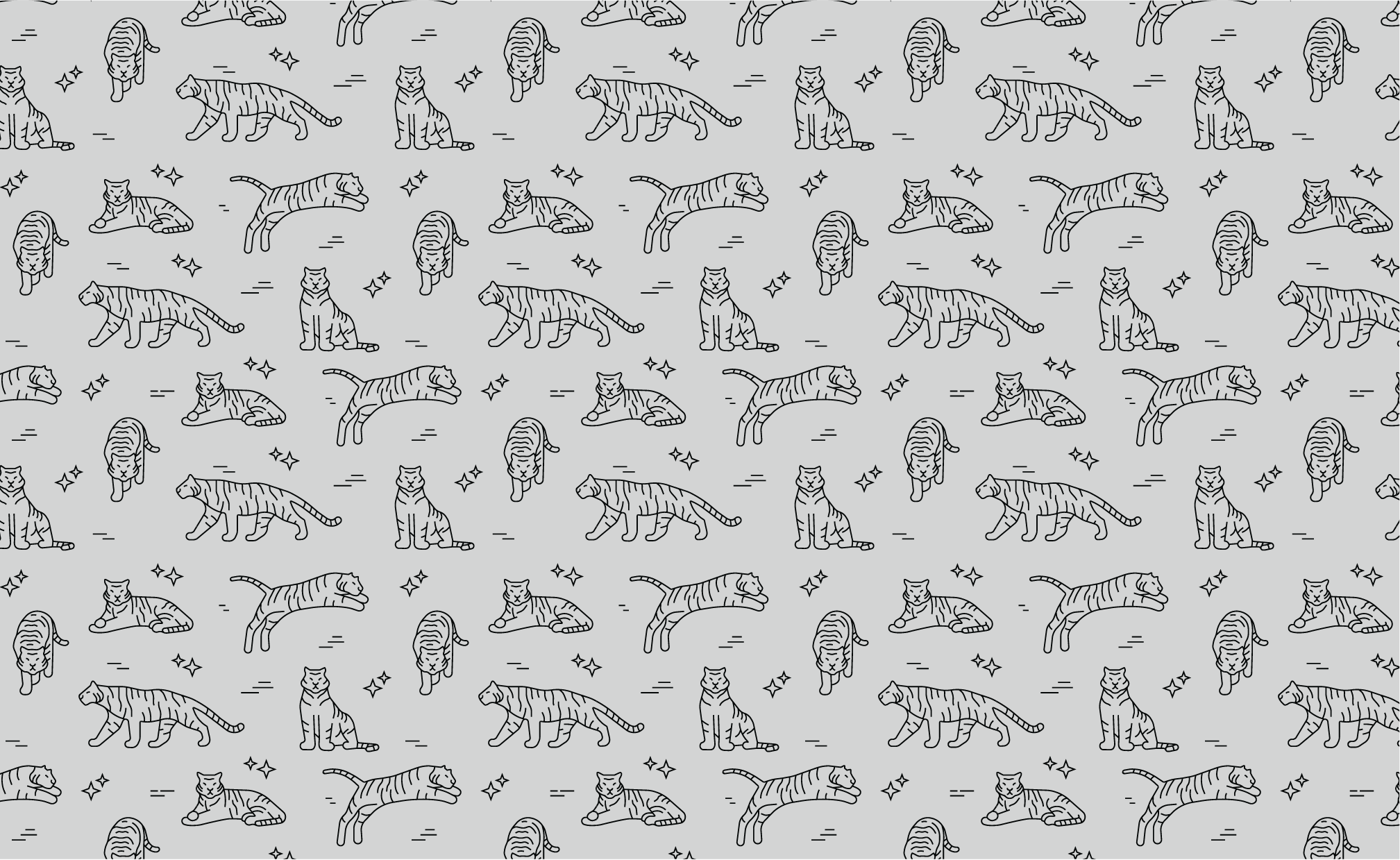 Repeating pattern of 5 tiger illustrations, black on gray. 