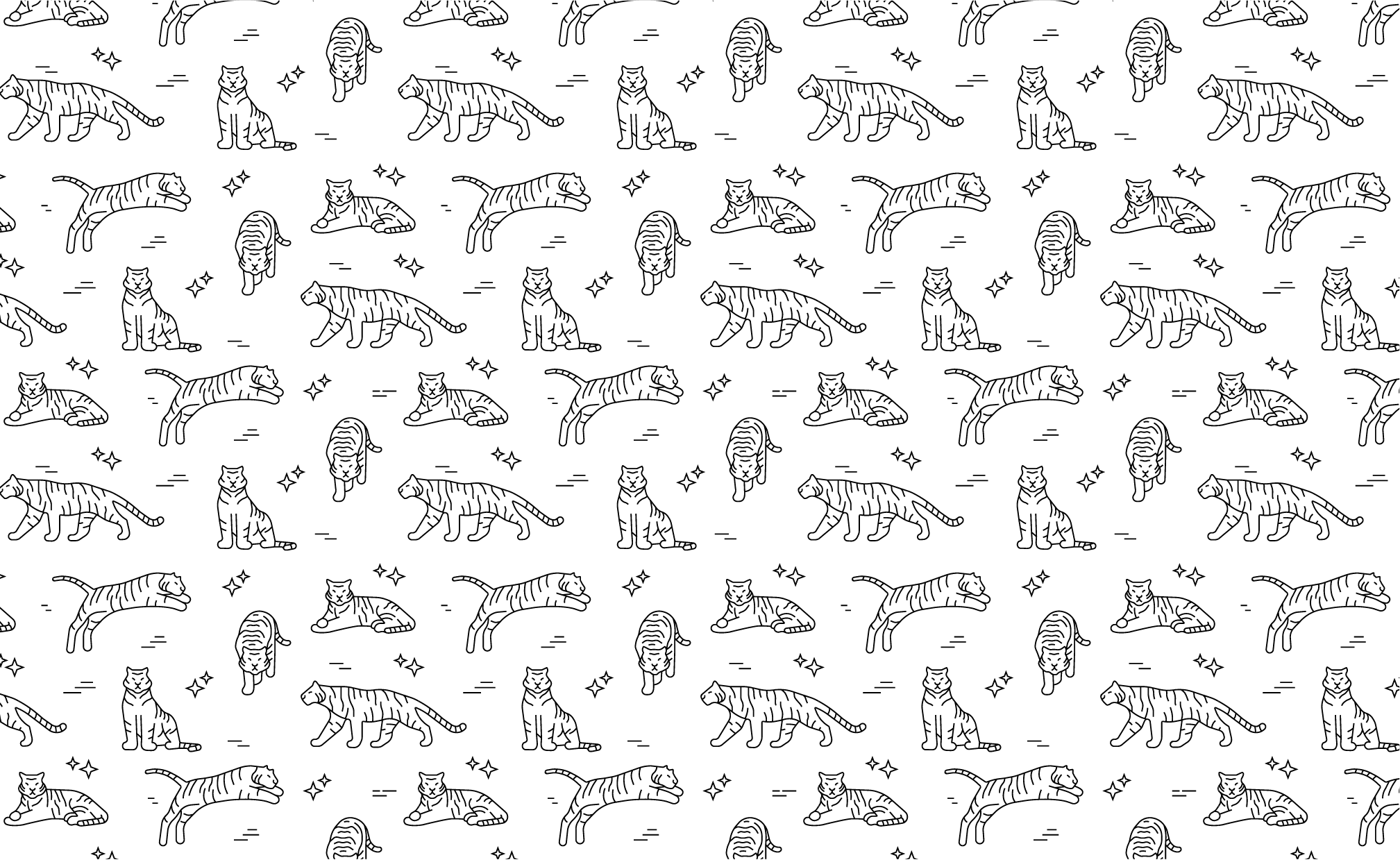 Repeating pattern of 5 tiger illustrations, black on white. 