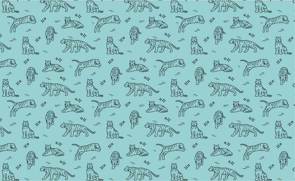 Repeating pattern of 5 tiger illustrations, black on light blue-green. 