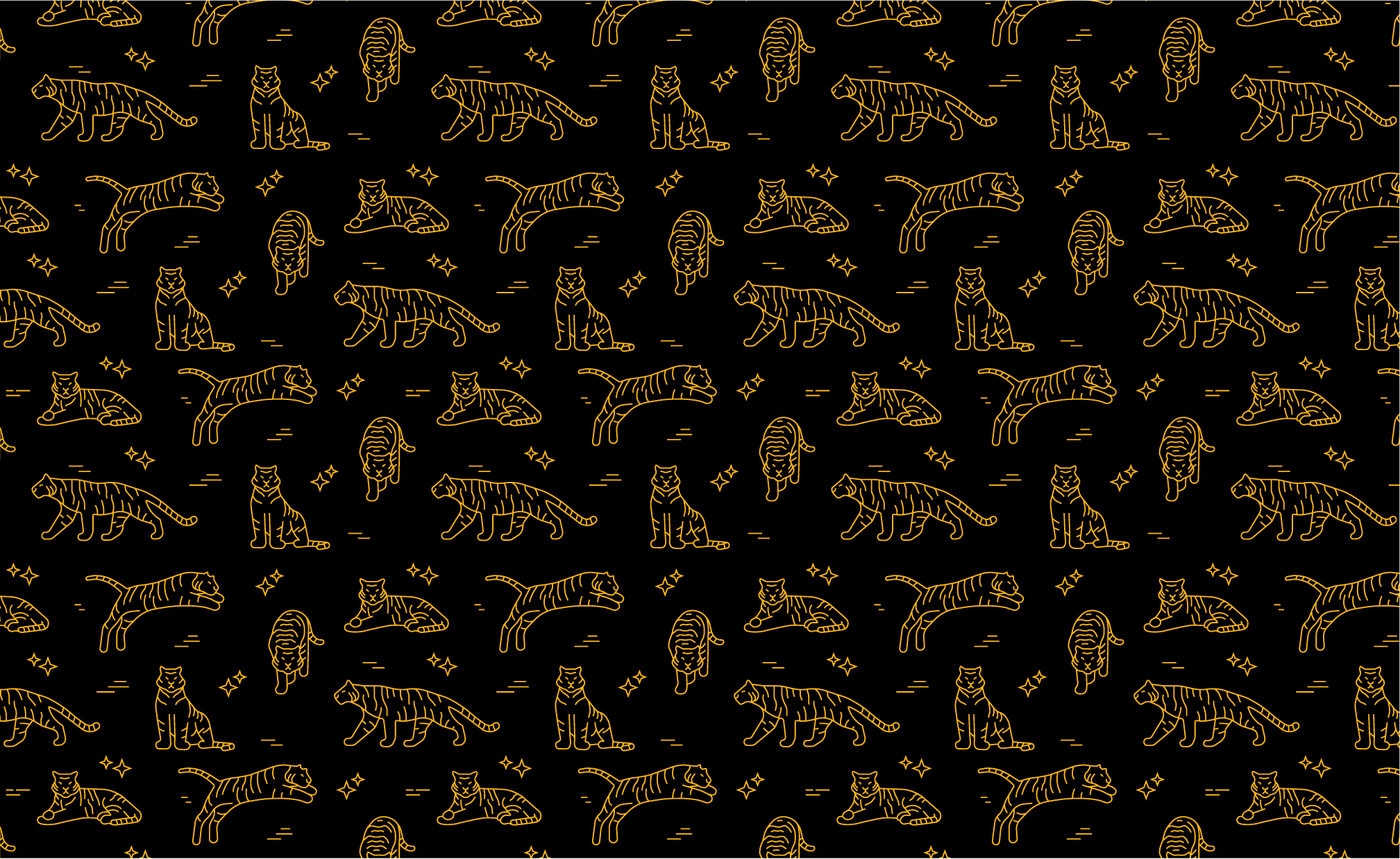 Repeating pattern of 5 tiger illustrations, gold on black. 
