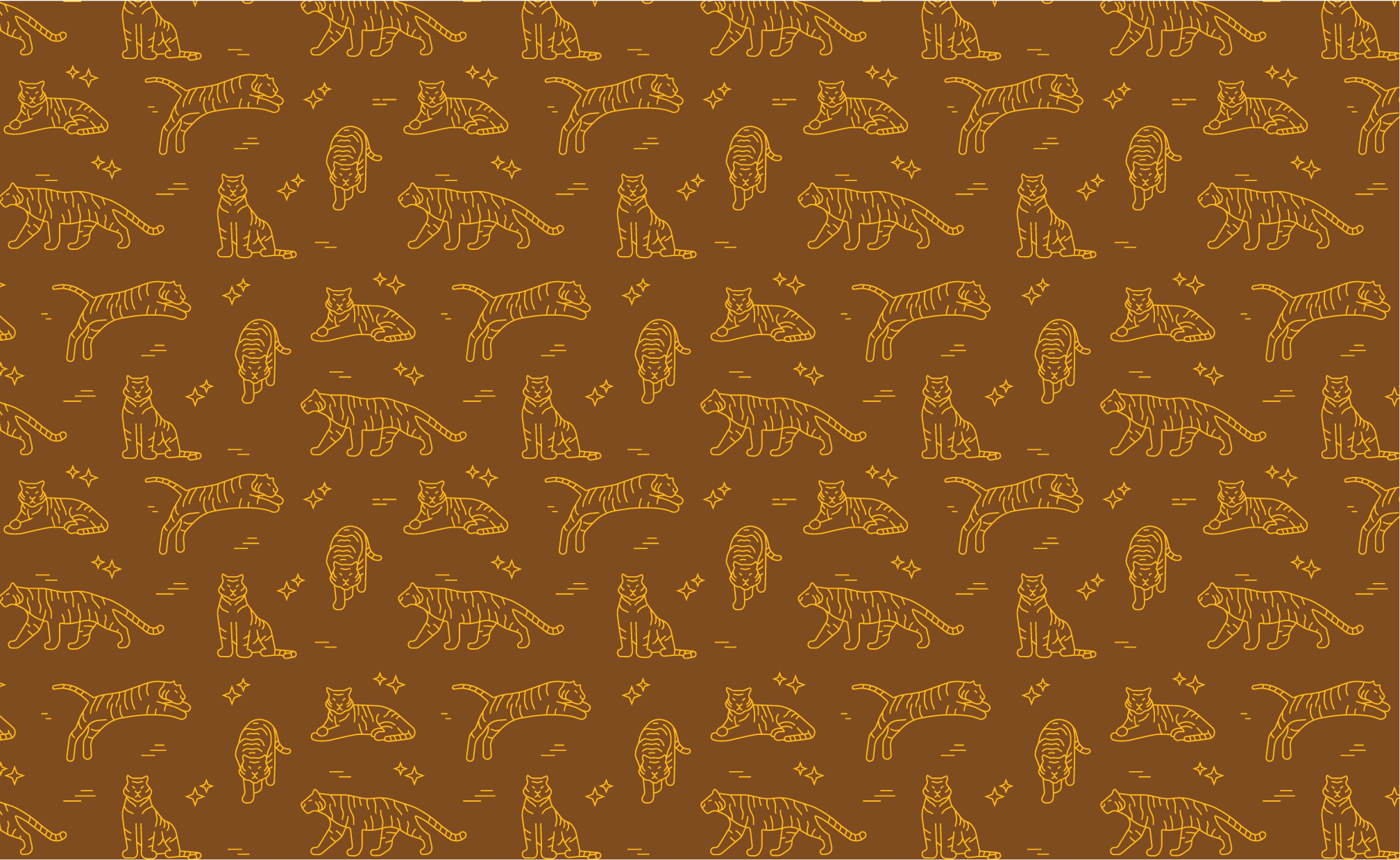 Repeating pattern of 5 tiger illustrations, gold on brown. 
