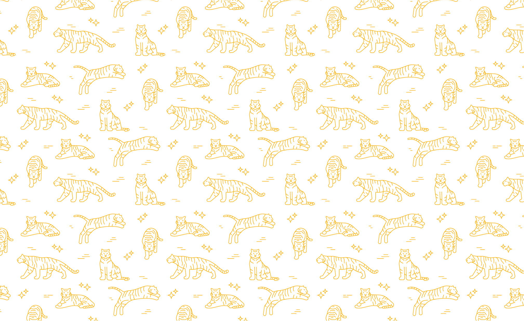 Repeating pattern of 5 tiger illustrations, gold on white. 