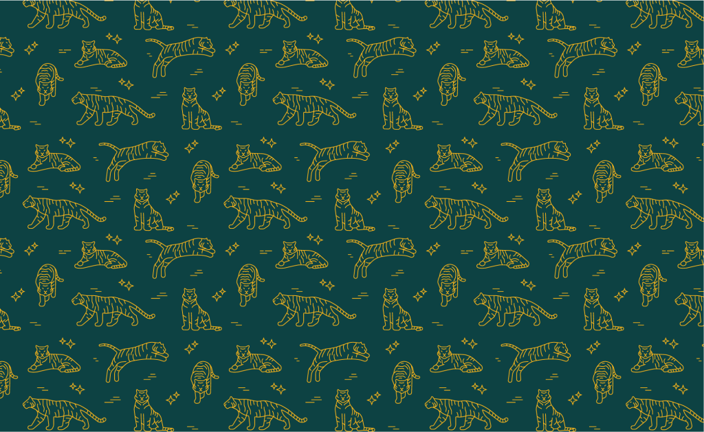 Repeating pattern of 5 tiger illustrations, gold on dark blue-green.