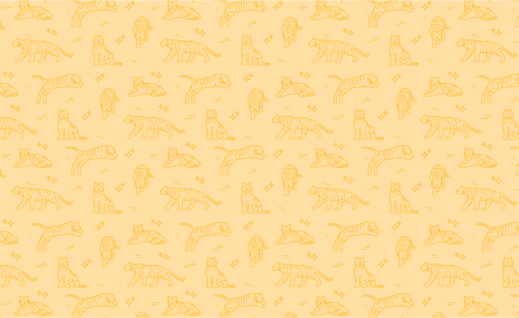 Repeating pattern of 5 tiger illustrations, gold on light gold. 