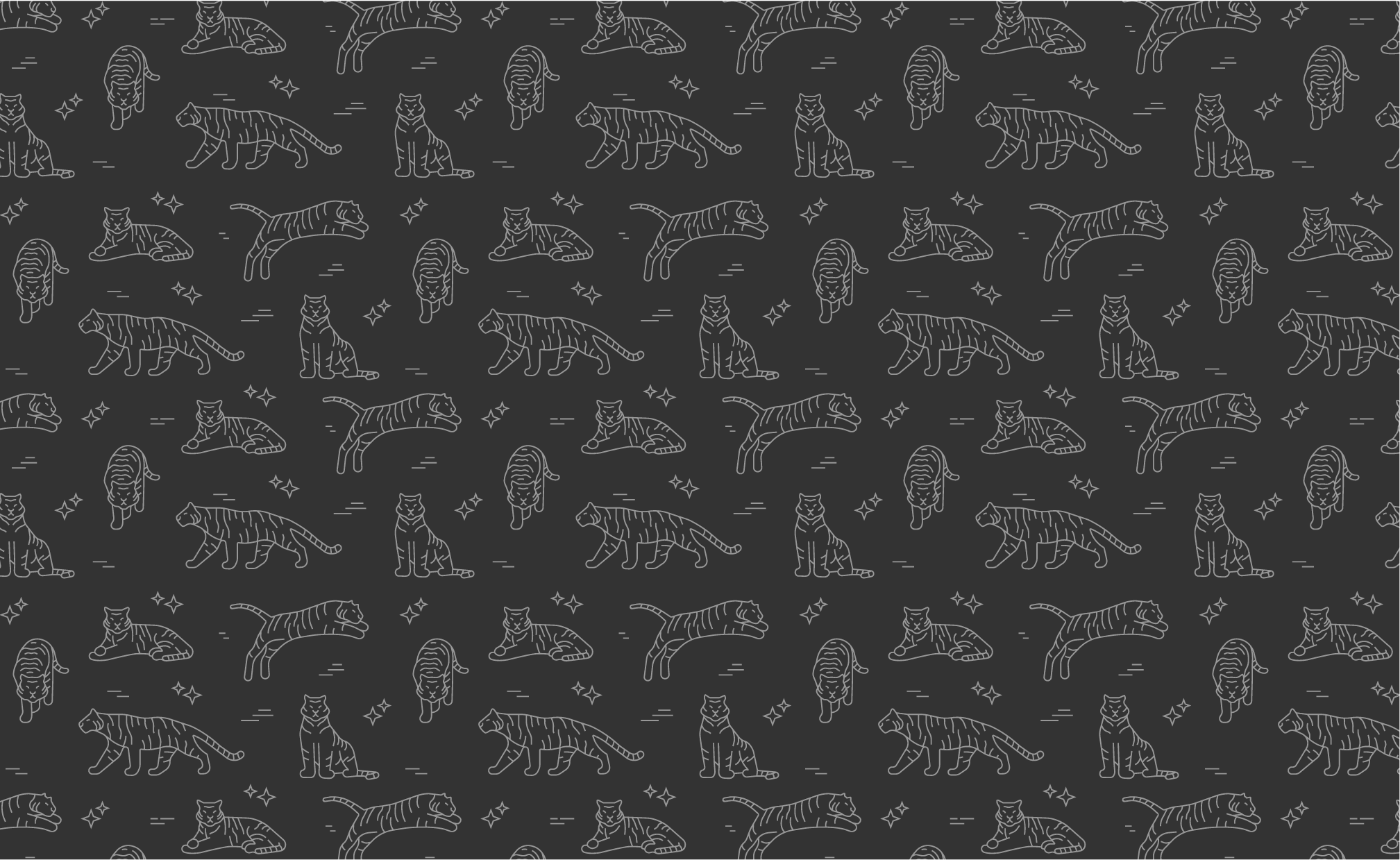 Repeating pattern of 5 tiger illustrations, gray on black. 
