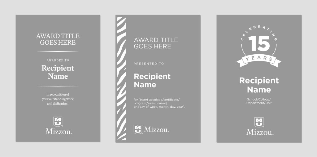 Three award templates with white text on dark gray background.